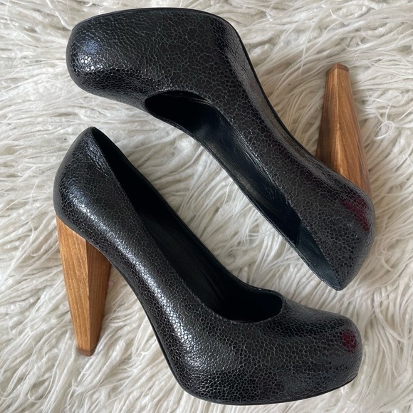 Loeffler Randall Esther Black Pebble Leather Wooden Cone Heel Platform Pump Sz 7 - Picture 1 of 9